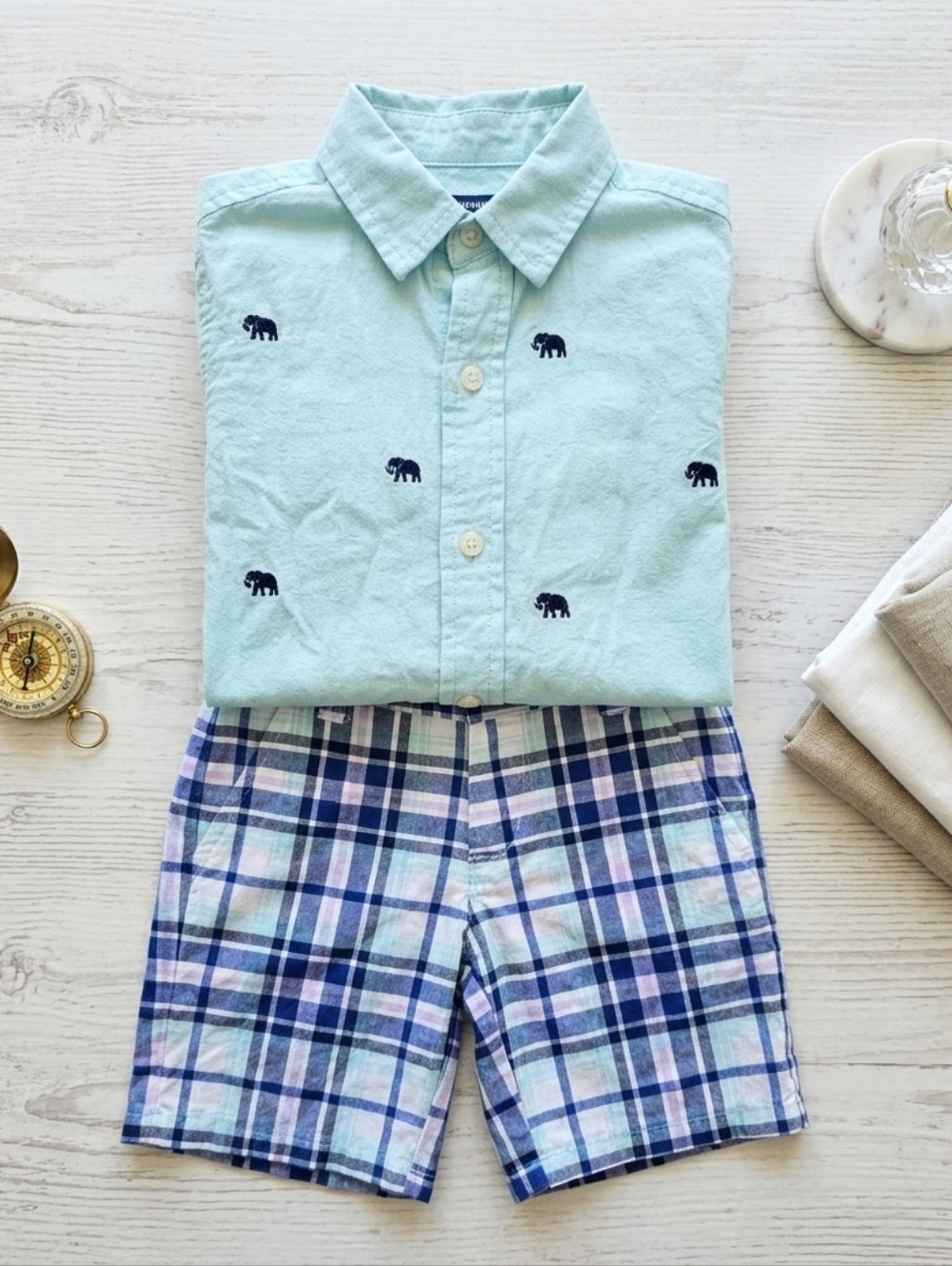 Janie and Jack Mint Button-Up Shirt with Navy Elephants Size 6